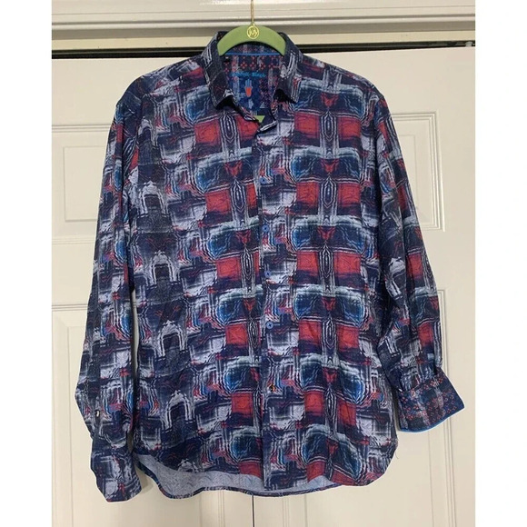 Visconti Black Shirt Mens Medium Flip Cuff Paisley Watercolor Art Collared (J24) - Picture 1 of 9